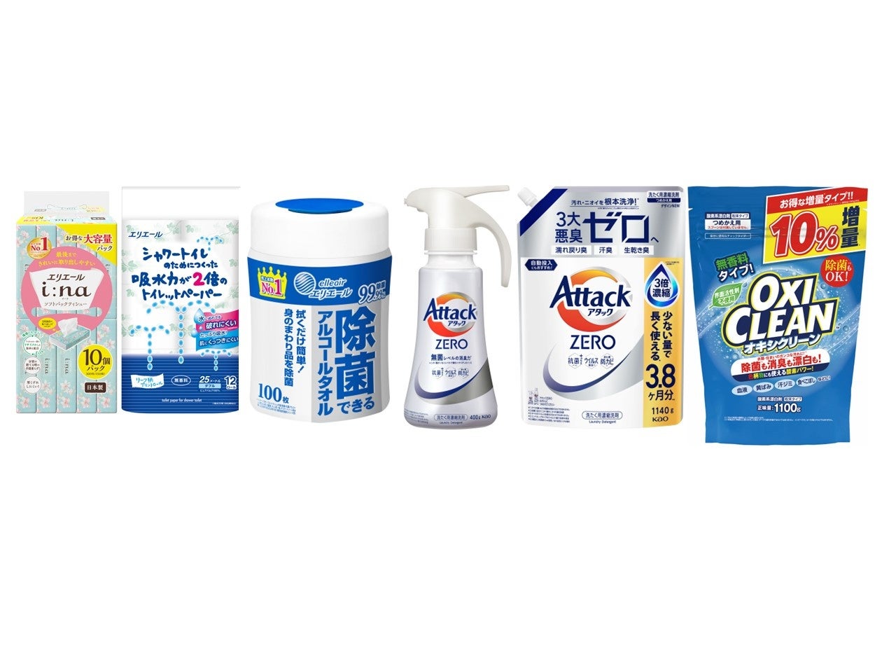 イオン福袋2026の日用消耗品福カートの中身例。ティッシュ、トイレットペーパー、除菌シート、洗剤など6点