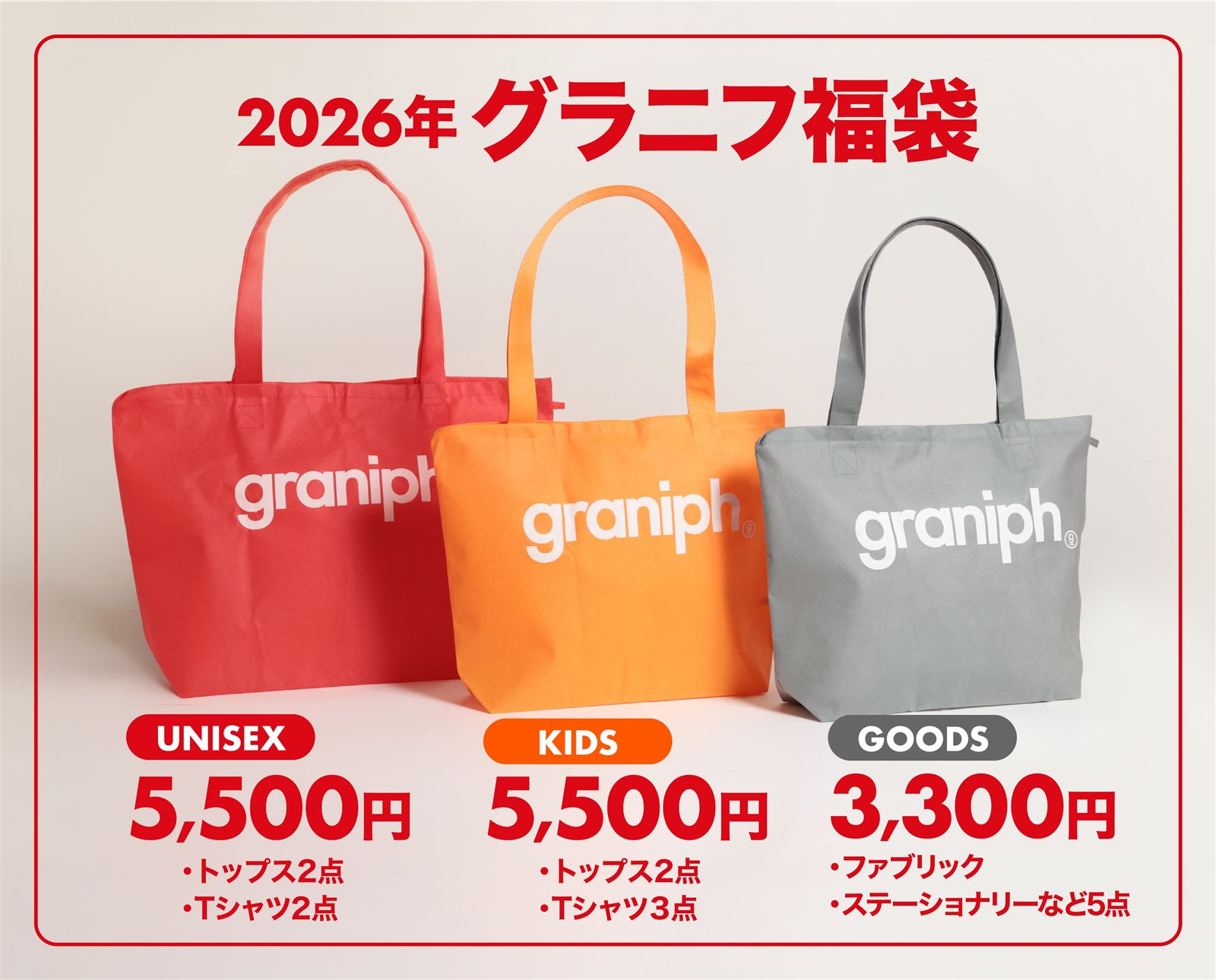 グラニフ福袋2026の3種類を並べた写真。ユニセックスとキッズが5,500円、雑貨が3,300円と書かれている